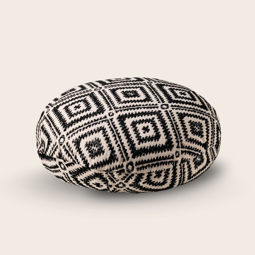 Courtyards of Marrakech luxury meditation cushion handmade in the UK with black and cream diamond weave